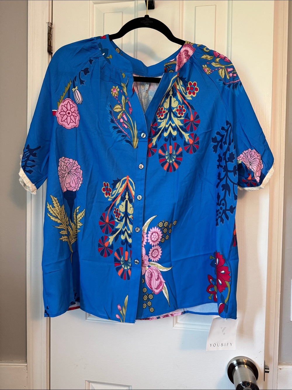 Bright Blue Floral Button-Front Blouse